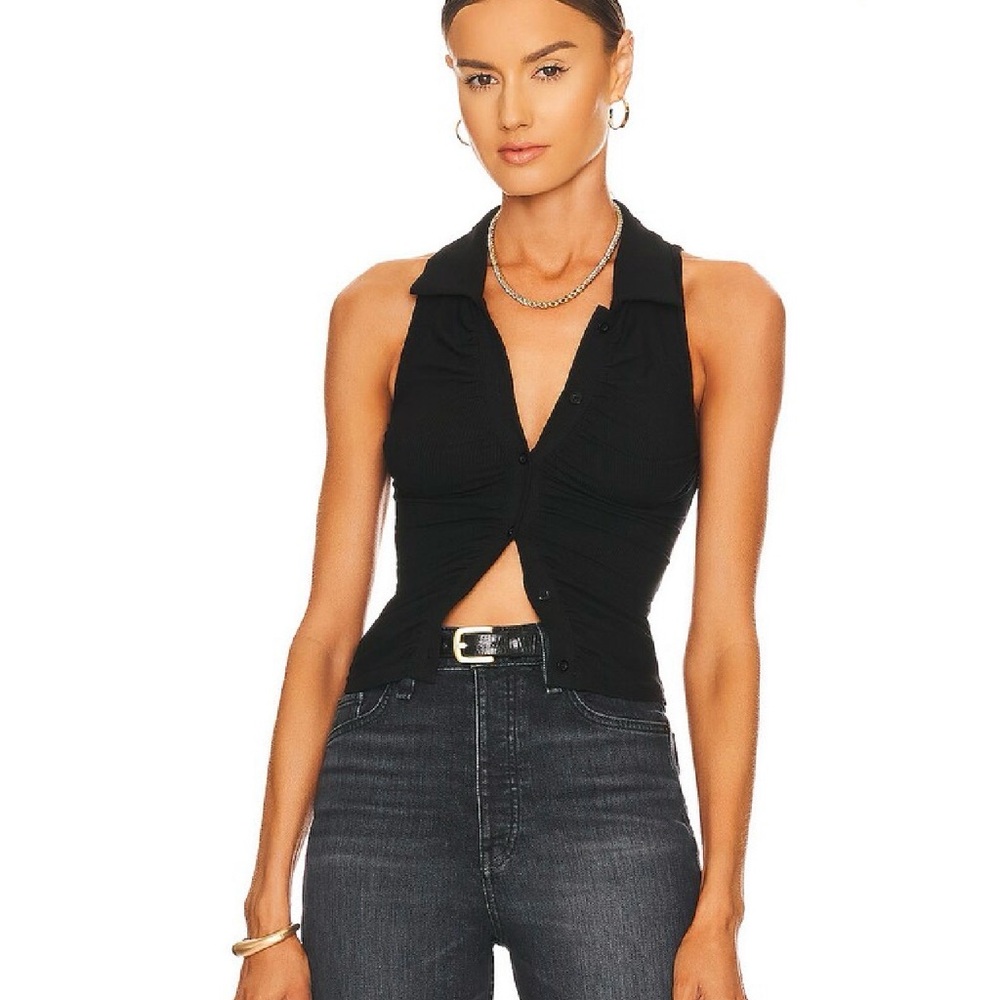 NWOT Superdown Rina Ruched Top Sleeveless Black Collared Button-Front Top Small